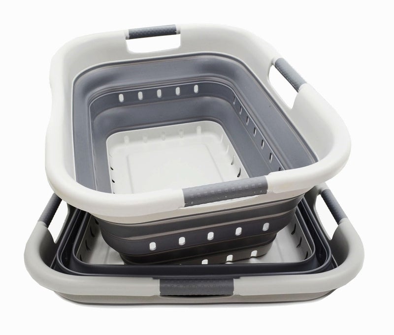 SAMMART 41L (10.8 gallon) Set of 2 Collapsible 3 Handled Plastic Laundry Basket-Foldable Pop Up Storage Container/Organizer-Space Saving Hamper/Basket (2, Grey/Dark Grey) - Image 1